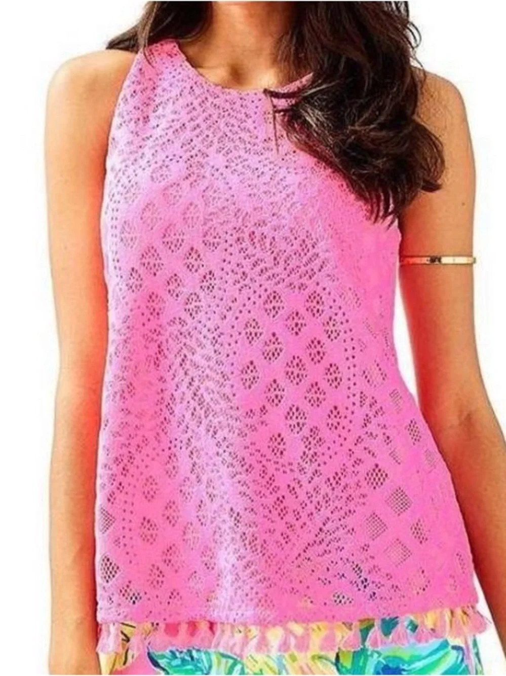 Lilly Pulitzer Hot Pink Lynn Tank Top in Sunset Pineapple Geo Lace Size S